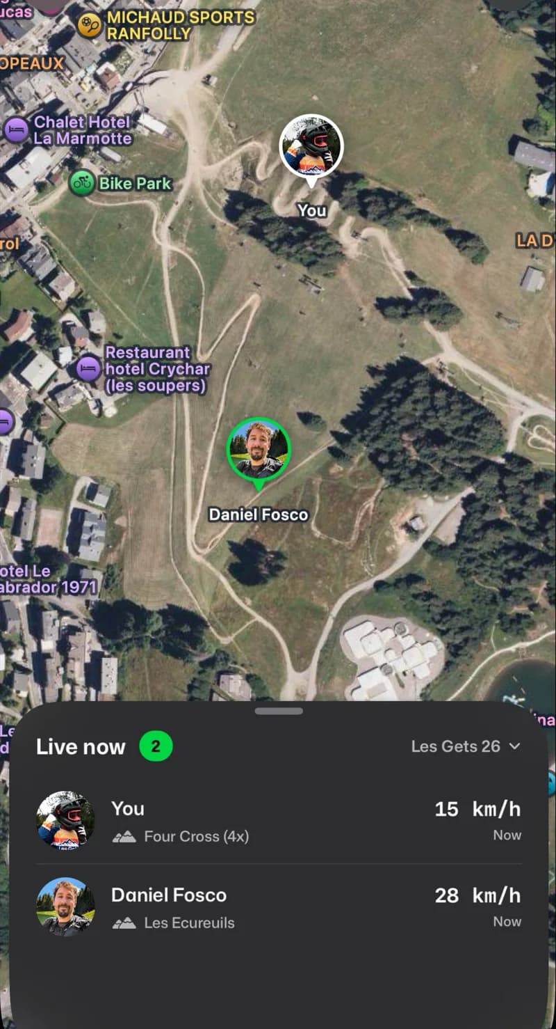 Berm live crew map at Les Gets showing each rider, their trail and speed