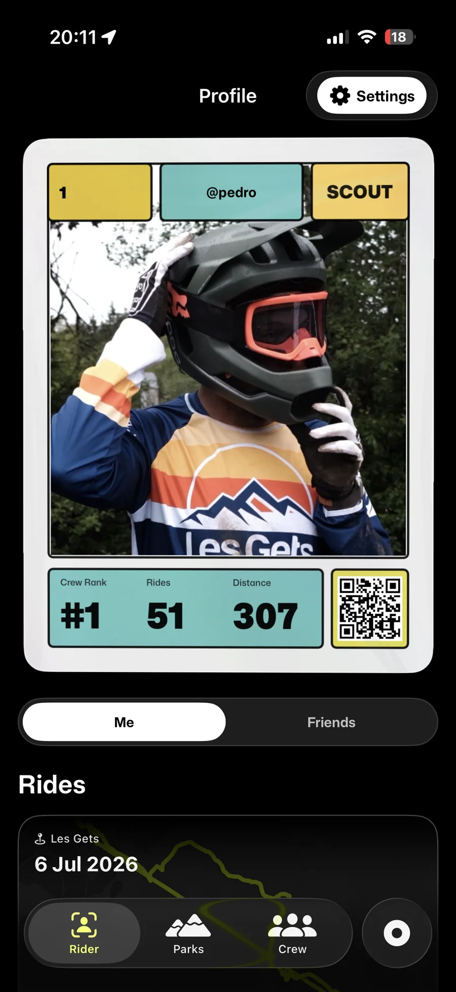 Berm rider pass with crew rank, rides, distance and a QR code to add friends