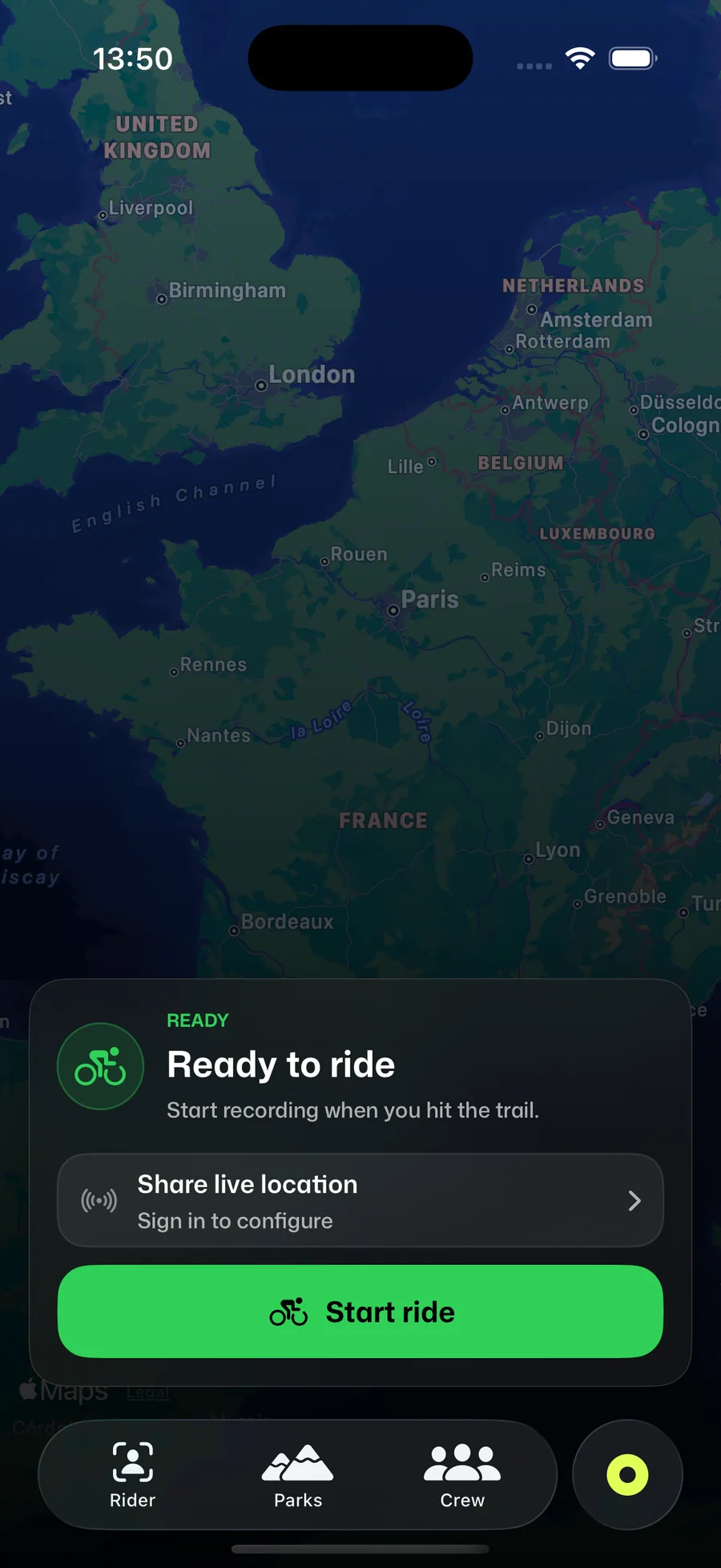 Berm ready-to-ride screen with live location sharing and the Start ride button
